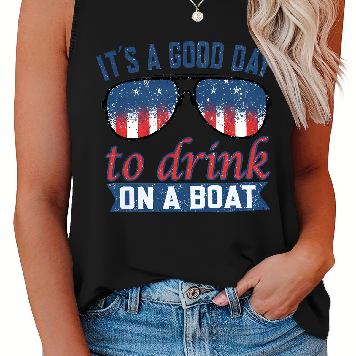  Casual Tank Top Women's Plus Flag Pattern Glasses & Slogan Print
