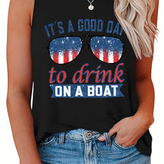  Casual Tank Top Women's Plus Flag Pattern Glasses & Slogan Print