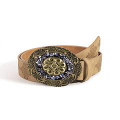 Vintage Turquoise Pattern Round Buckle Embossed Adjustable PU Women's Belt
