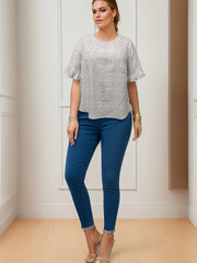  Dot Print Ruffle Trim Blouse Short Sleeve Top