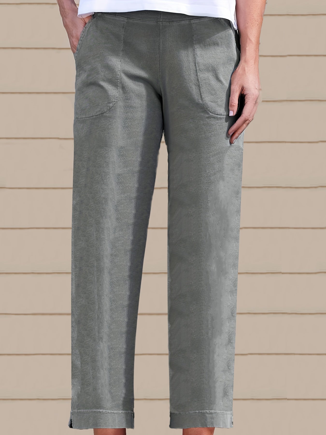  Solid Straight Leg Trousers With Pockets