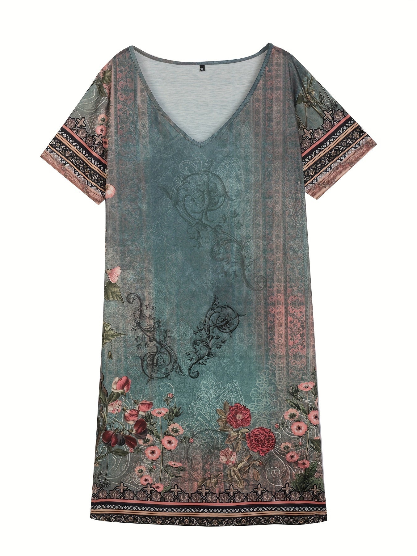  Floral Print V Neck Casual Dress