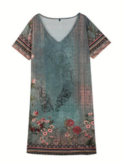  Floral Print V Neck Casual Dress