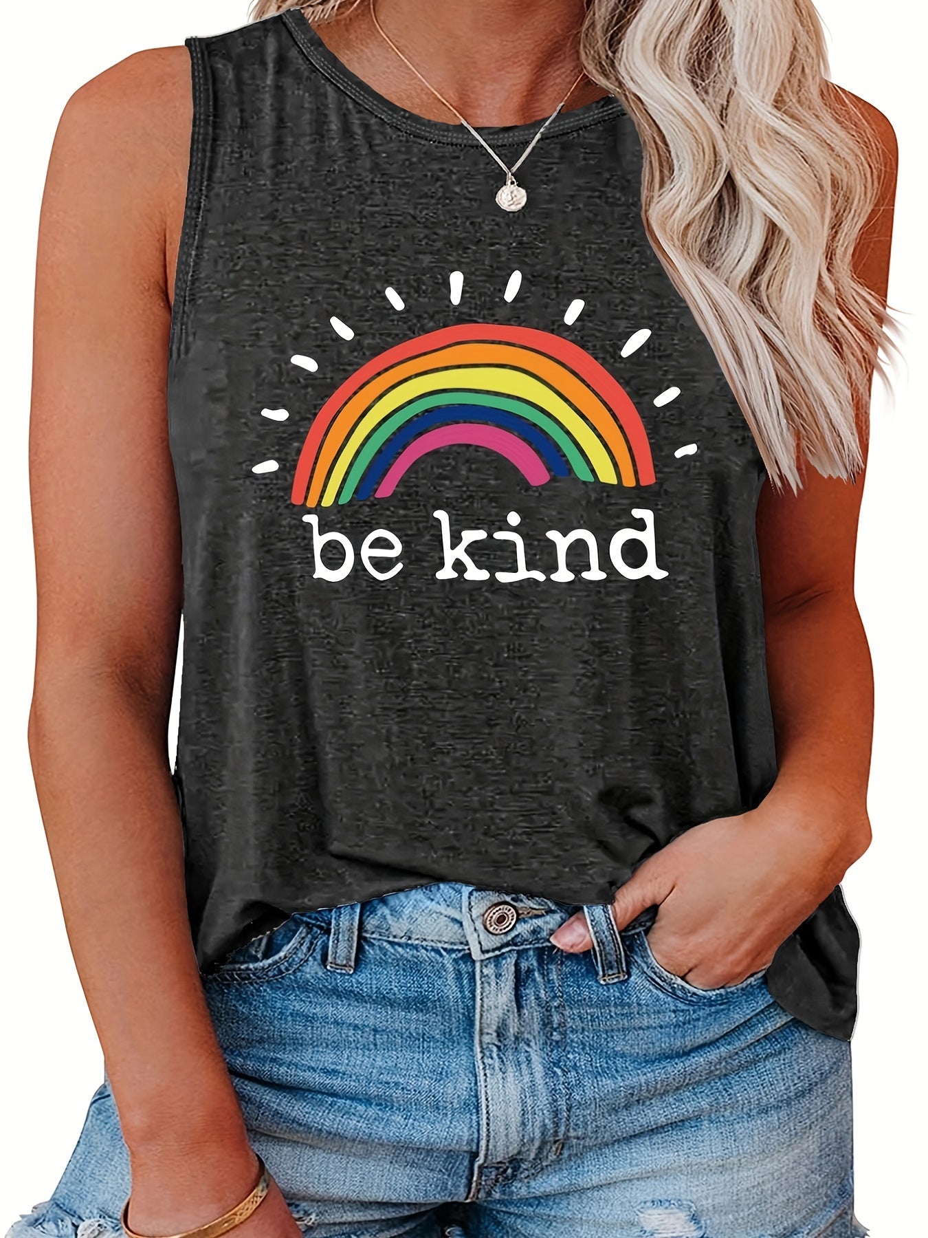  Women's Tank Top Slogan & Rainbow Print