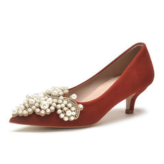 Women's Faux Pearl Pointed Toe Pumps Kitten Heeled Wedding Shoes