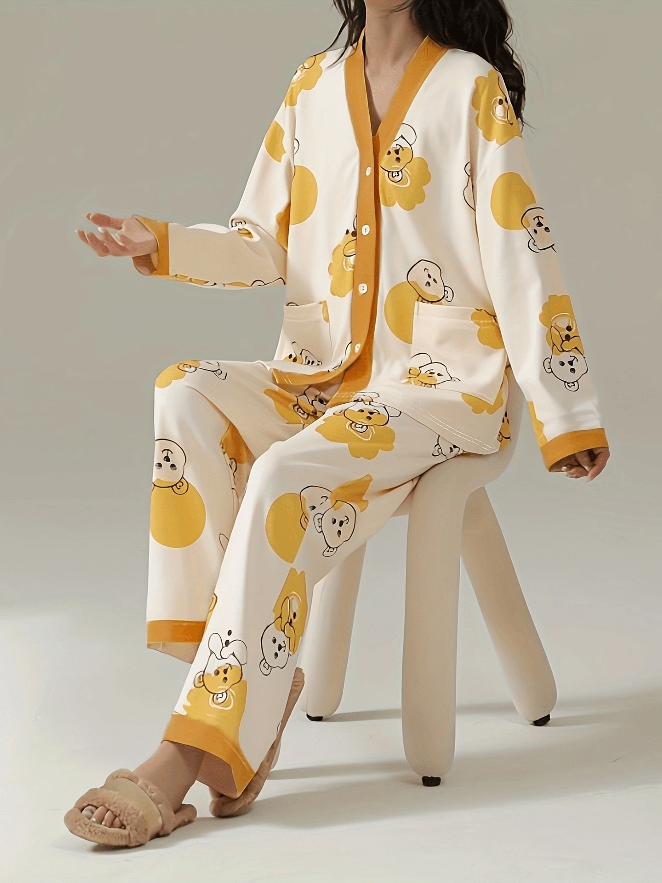 Bear Print Pajama Set Long Sleeve Top & Pants Women's Sleepwear