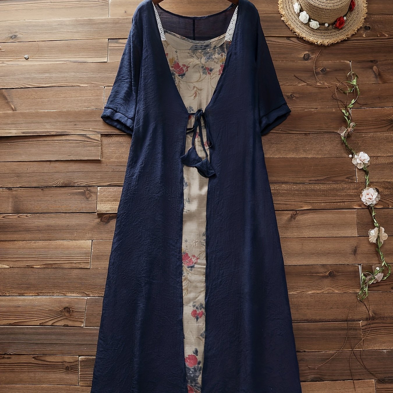  Casual Outfits 2 Piece Set Solid Cover Up & Floral Print Cami Dress