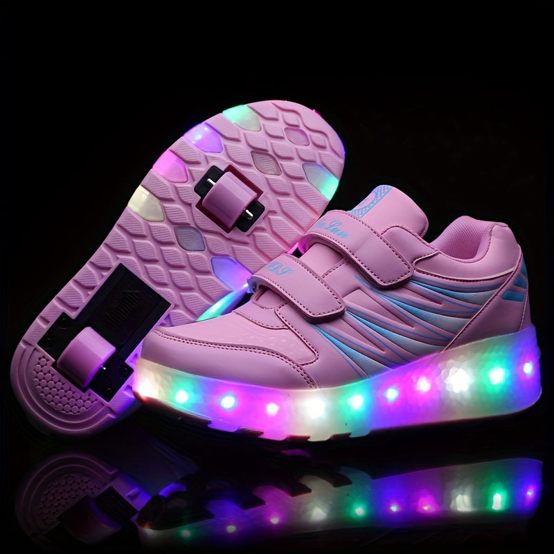 Girl's LED Light Up Roller Shoes Hook & Loop Fastener Skate Sneakers