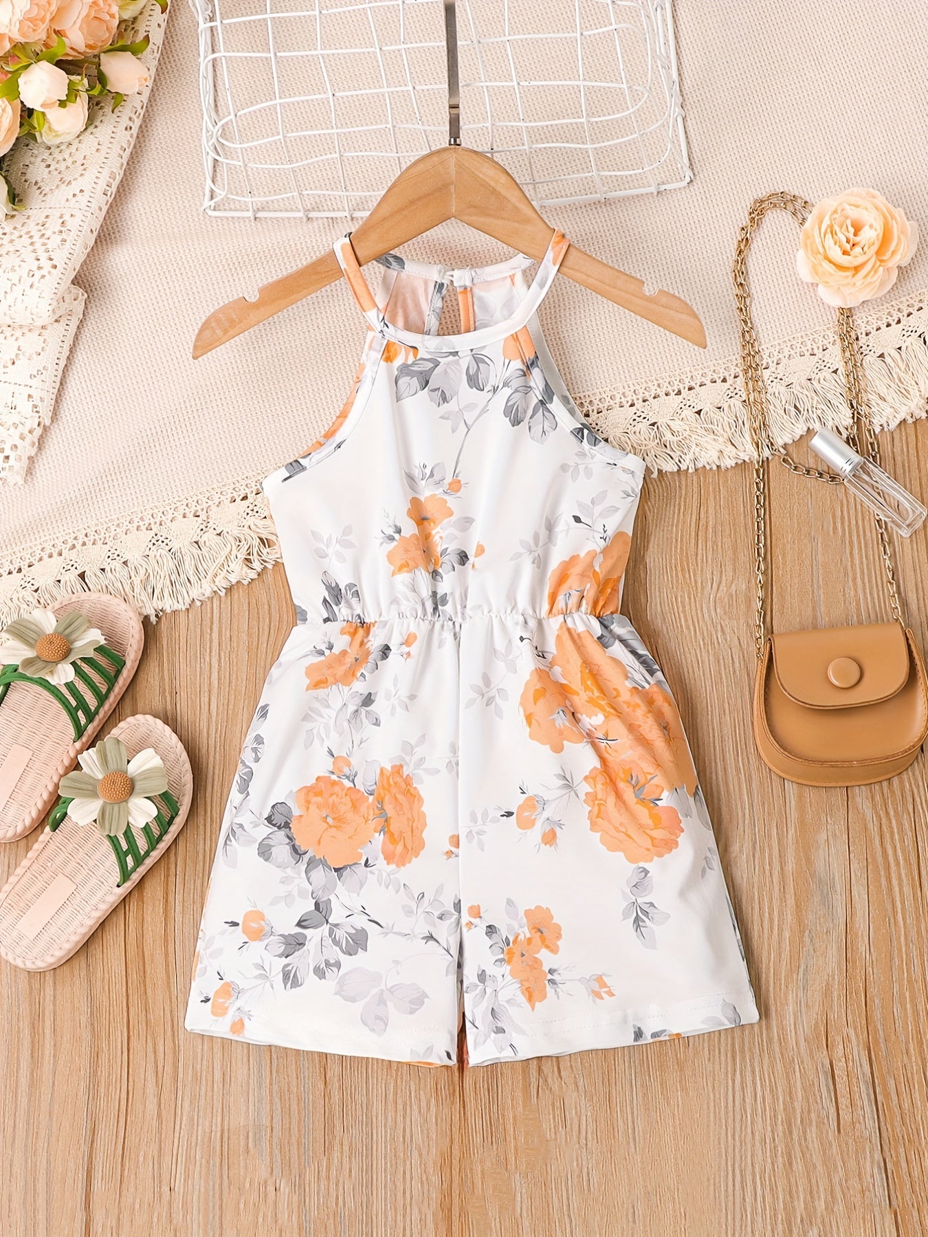 Girls Flower Pattern Halter Jumpsuit For Beach Vacation Kids Summer Clothes