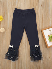 Girls Ruffle Mesh Trim Leggings With Bowknot