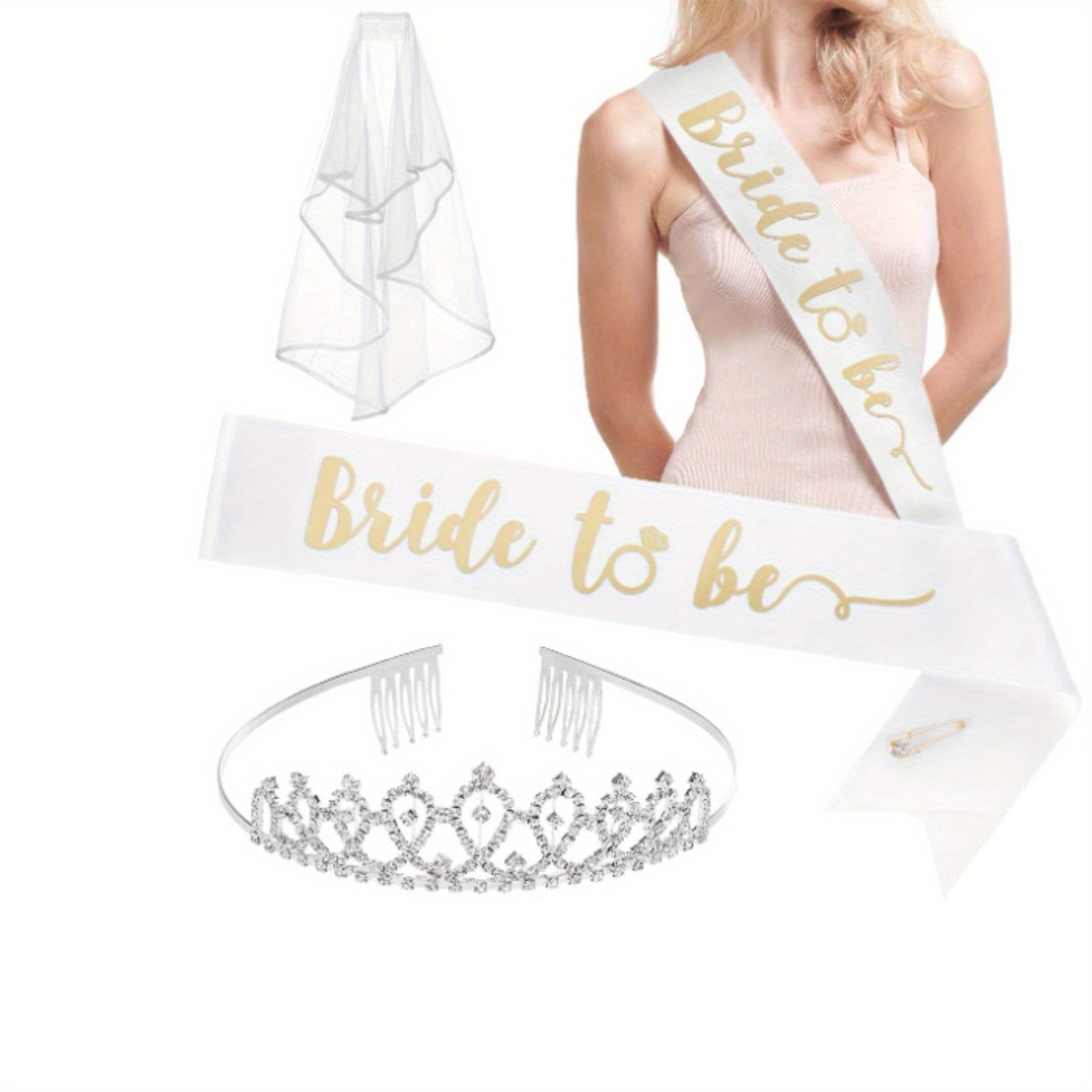 6pcs French Bridal Veil Wedding Headpiece Set with Belt and Crown