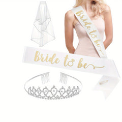 6pcs French Bridal Veil Wedding Headpiece Set with Belt and Crown