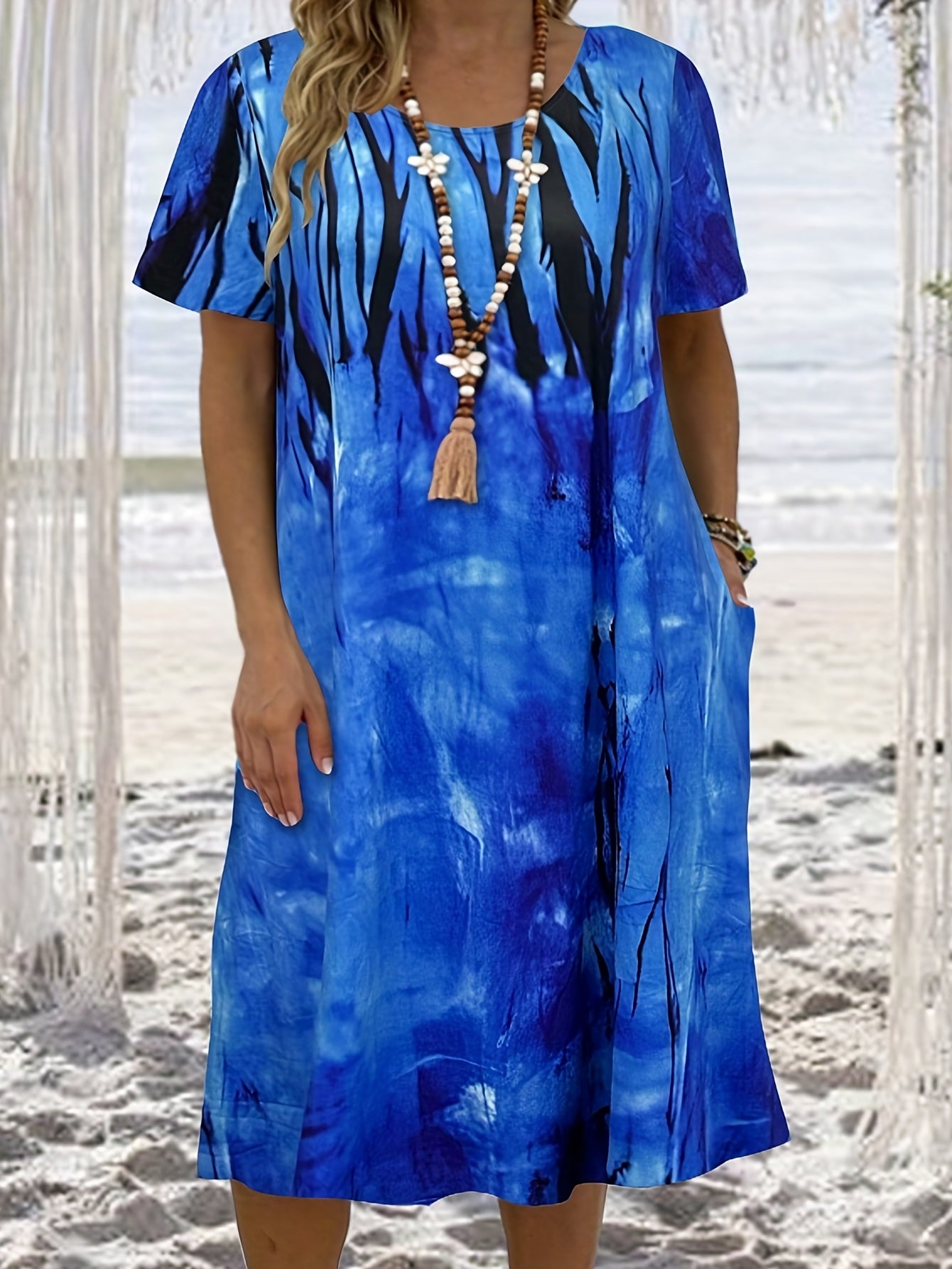  Painting Print Round Neck Dress With Pockets