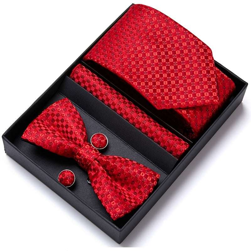 Men's Bow Tie Set 6 piece Set Tie Bow Tie Square Scarf Cufflinks Red Series
