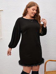  Solid Long Sleeve Round Neck Fuzzy Trim Dress