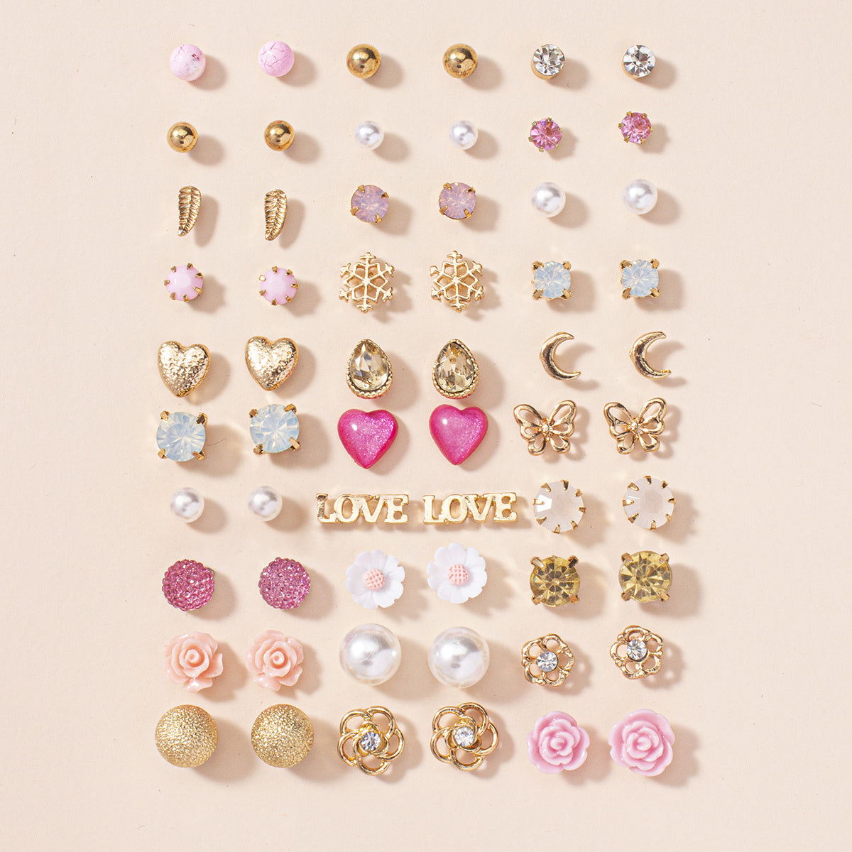 30 Pairs Assorted Stud Earrings Set with Zircon and Flower Designs