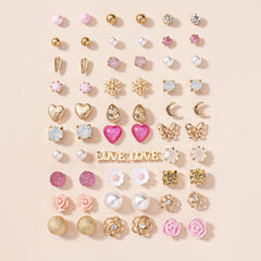 30 Pairs Assorted Stud Earrings Set with Zircon and Flower Designs