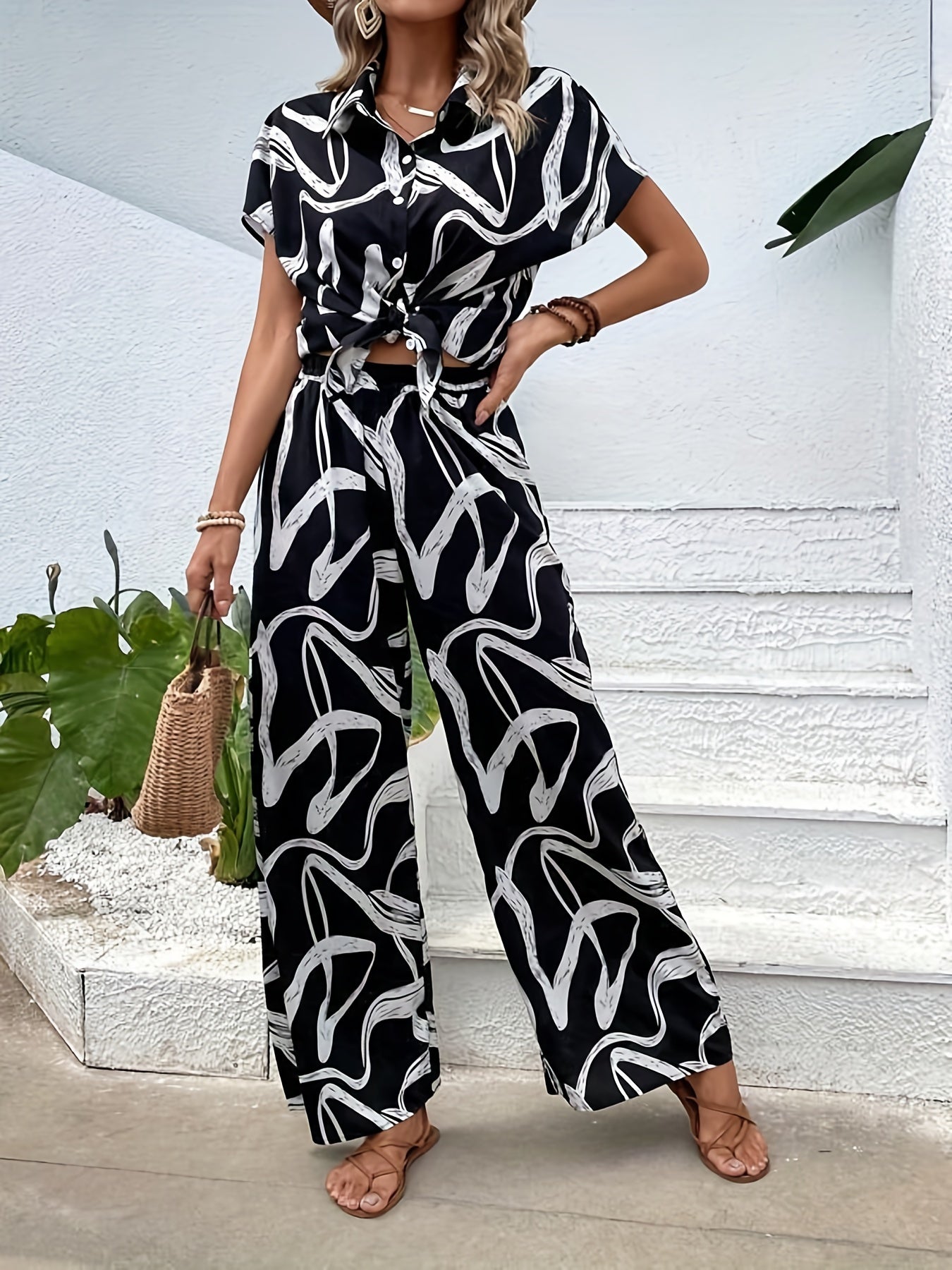 Abstract Print Two Piece Set Casual Outfit