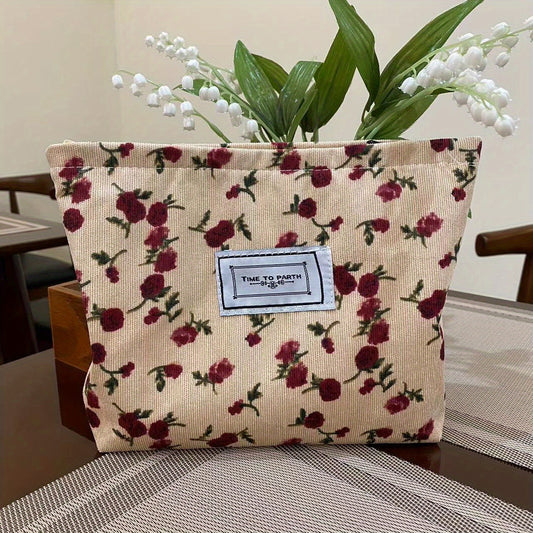 Vintage Corduroy Makeup Bag Roomy Flower Print Hand Pouch for Women and Girls