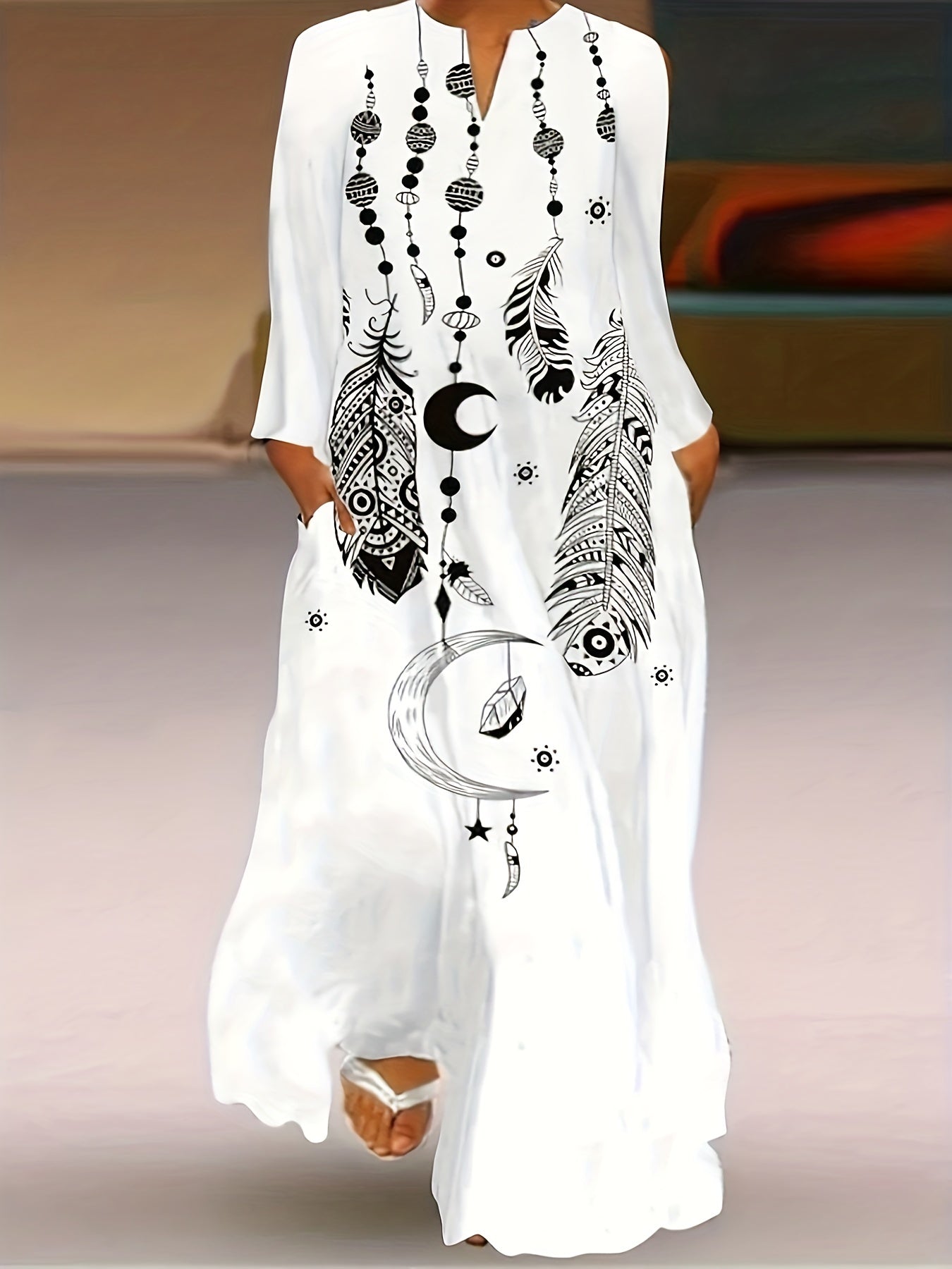  Moon & Feather Print Maxi Dress with Pockets