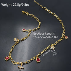 Adjustable Copper Necklace with Four Leaf Clover & Red Cubic Zirconia Pendant