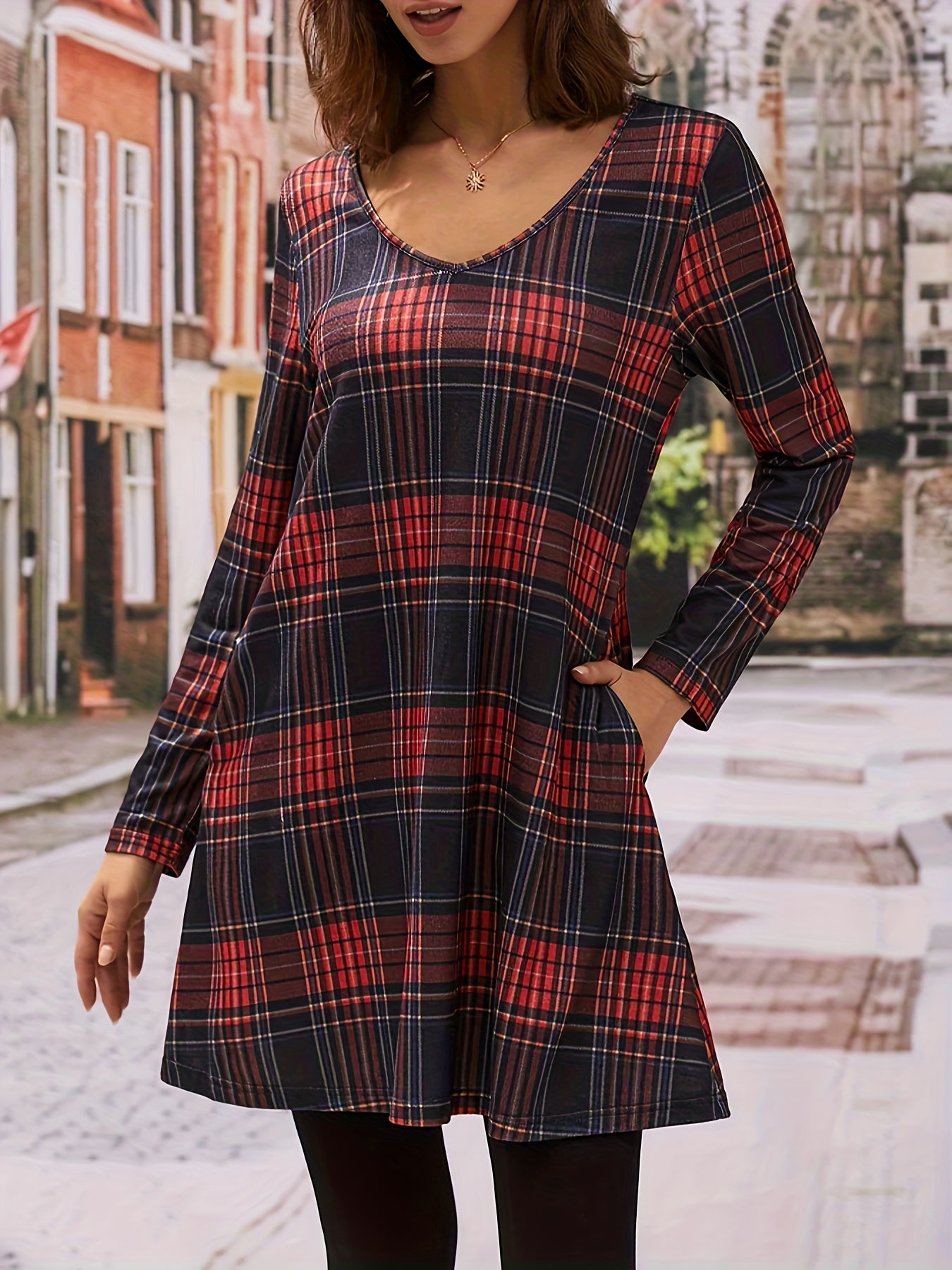  Plaid Print V Neck Mini Dress With Pockets