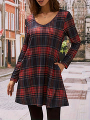  Plaid Print V Neck Mini Dress With Pockets