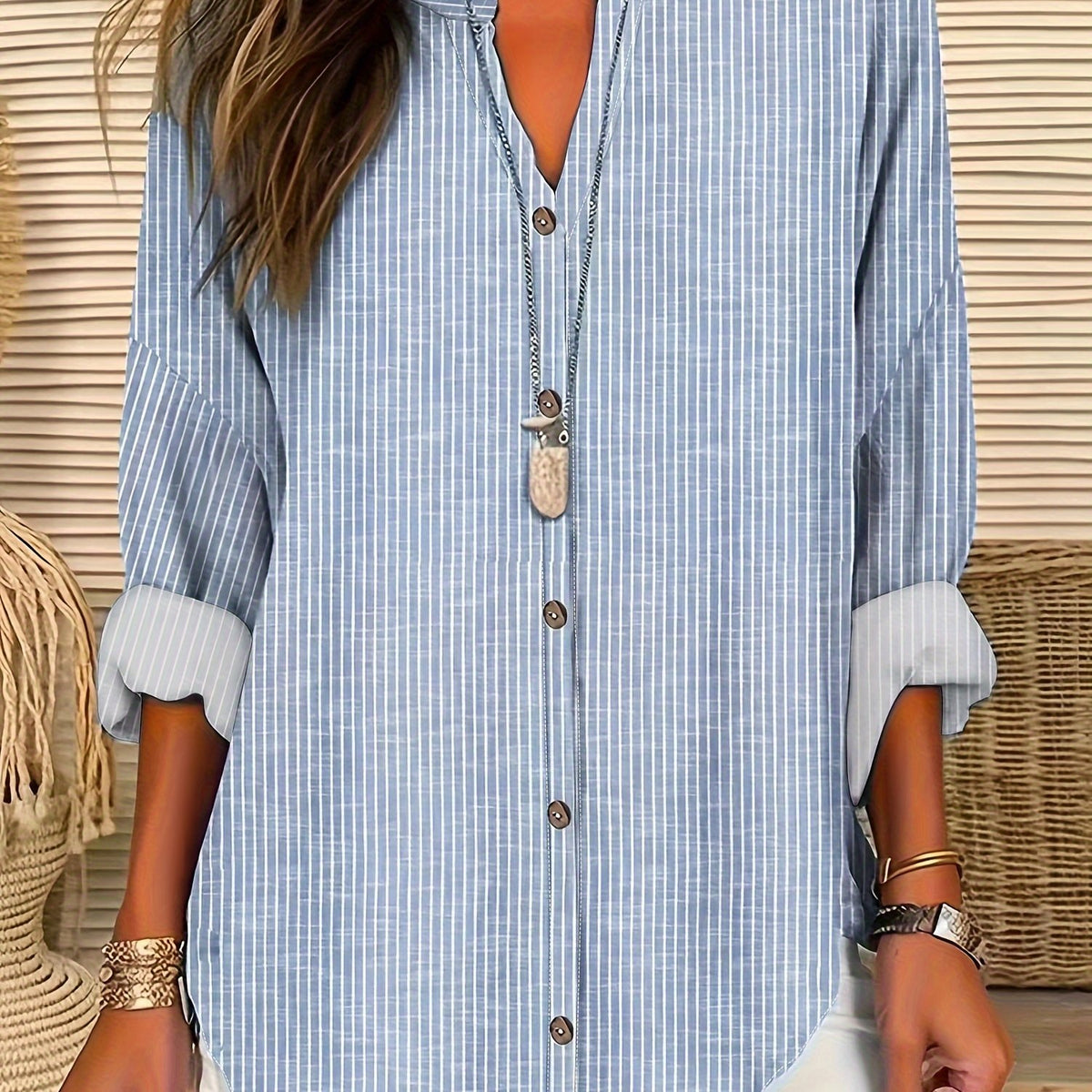  Striped Button Up Long Sleeve Tunic Shirt Top
