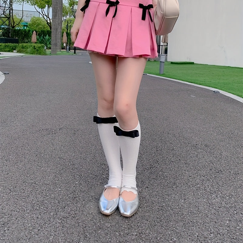 Bow Rib Knit Leg Warmers Knee High Socks Women's Stockings