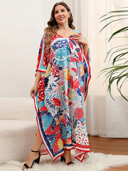  Boho Cover Up Women's Plus Tribal Print Bat Sleeve V Neck