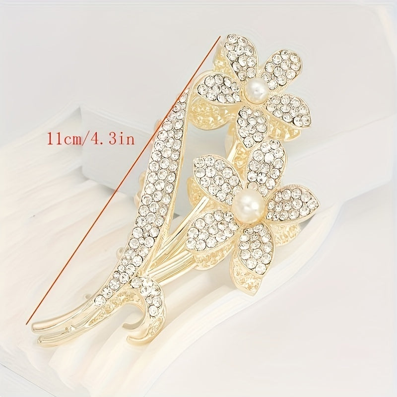 Girls Flower Hair Clip with Rhinestones & Faux Pearls