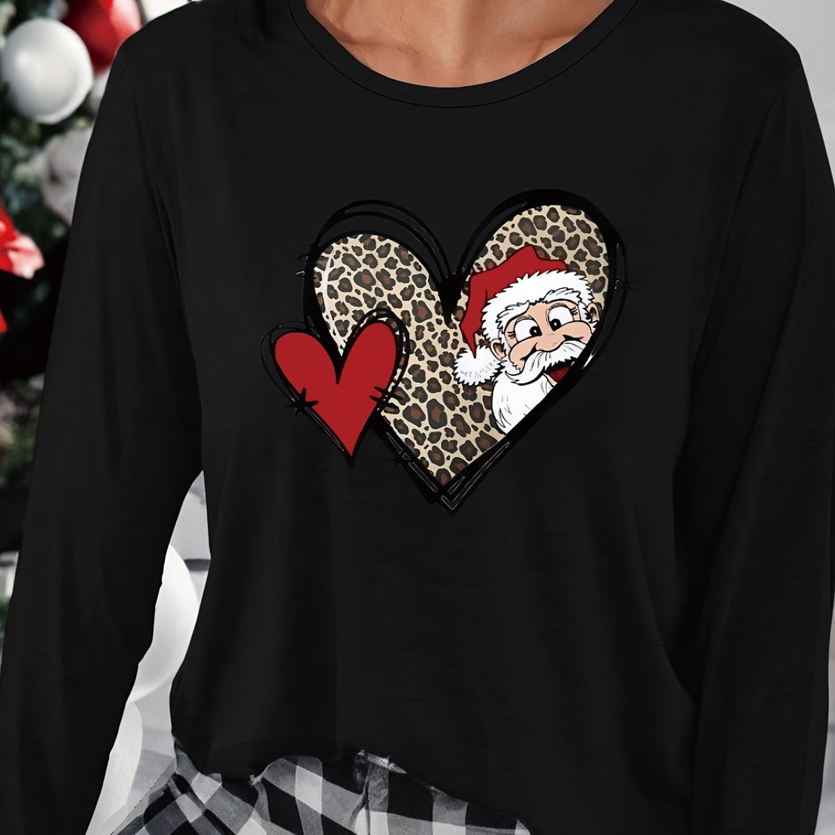 Christmas Heart Print Lounge Top Long Sleeve Crew Neck Women's Loungewear