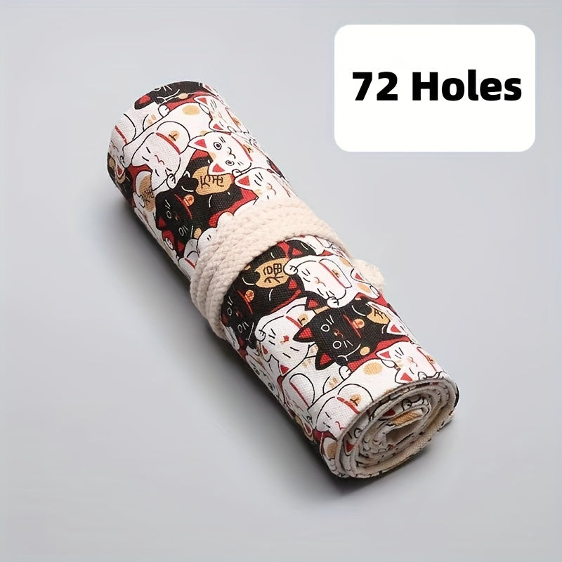 Lucky Cat Canvas Art Pen Curtain Pencil Case Large Capacity Storage Bag