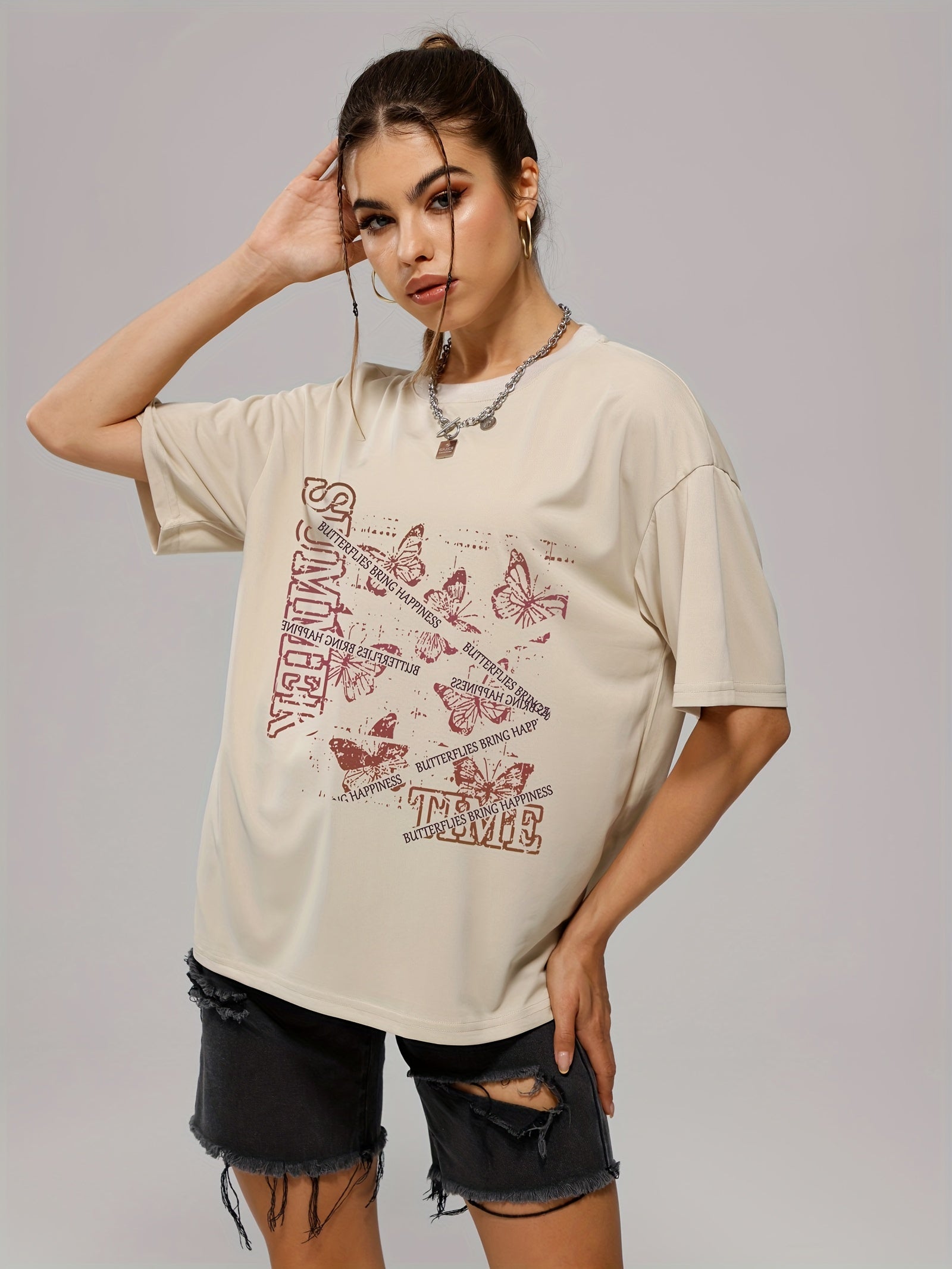 Butterfly Graphic Short Sleeve Sports Tee Women's Casual Workout T-shirts