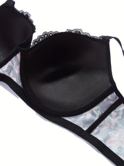  Sexy Bra Women's Plus Floral Print Lace Trim Underwire Molded Cup Bra