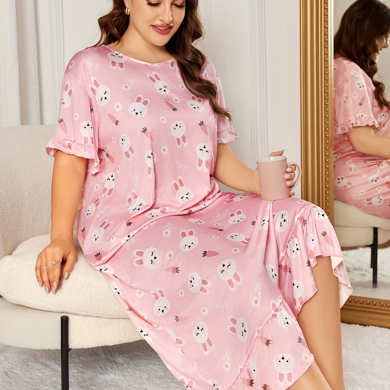  Nightdress Women's Plus Rabbit Print Ruffle Maxi Sleep Dress