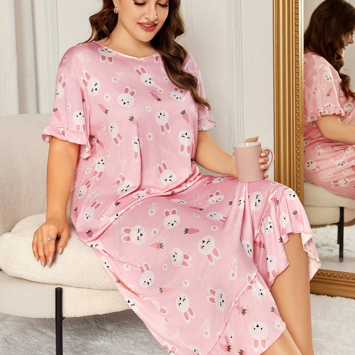  Nightdress Women's Plus Rabbit Print Ruffle Maxi Sleep Dress