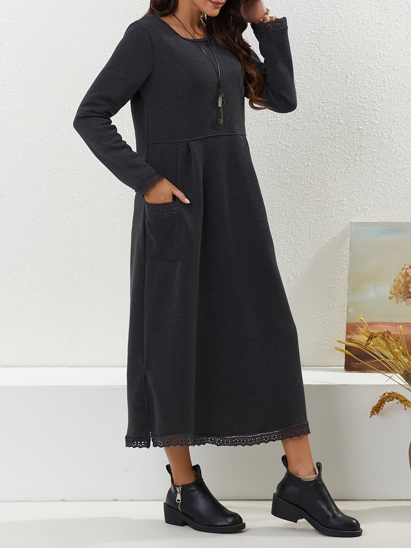  Lace Sleeve Maxi Dress with Pockets