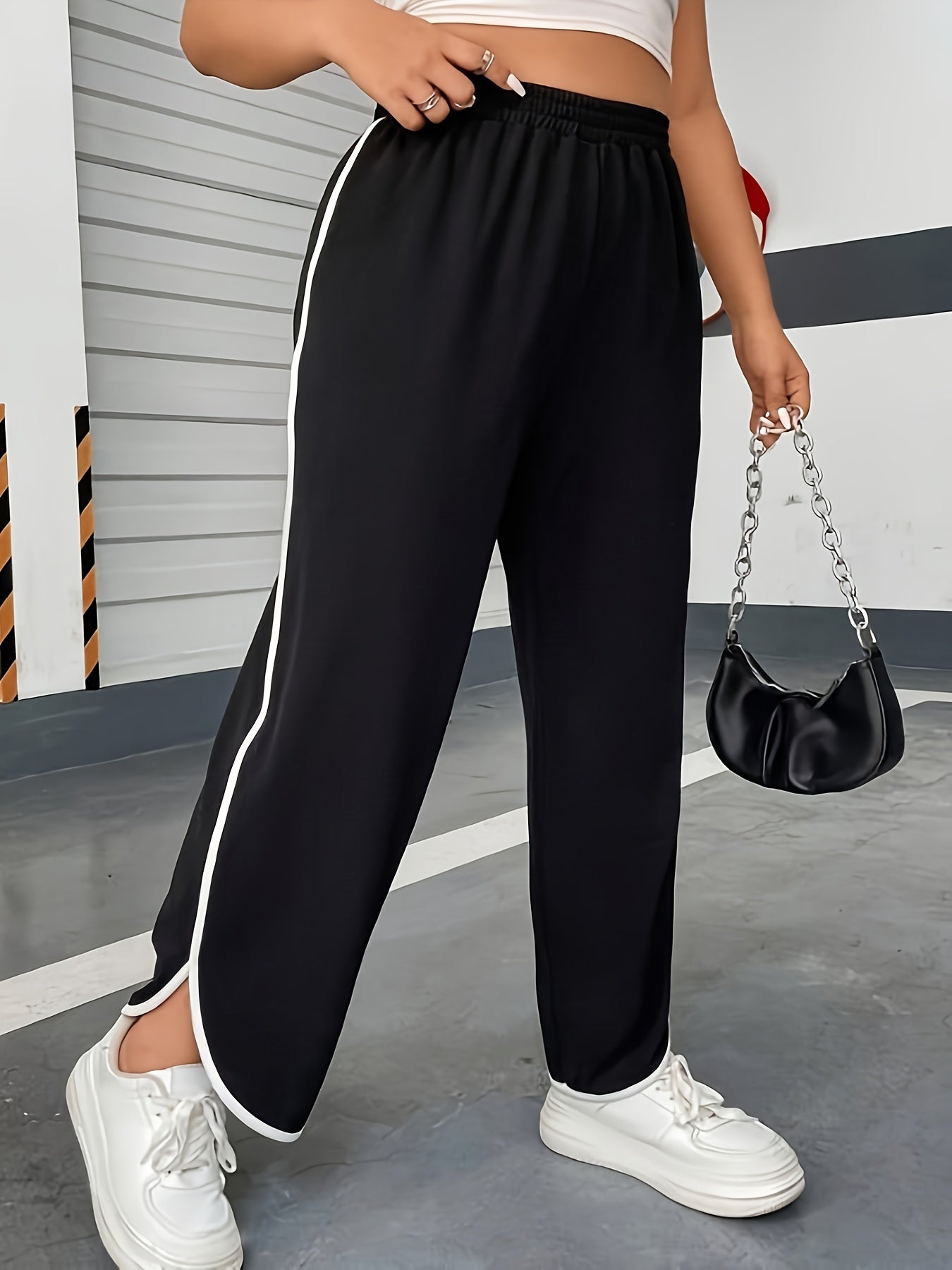  Casual Pants Women's Plus Contrast Binding Straight Leg Loose Trousers