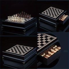 Wooden Int'l Chess Set w/ Storage Drawer Plus 2 Extra Queens Classic Board Game