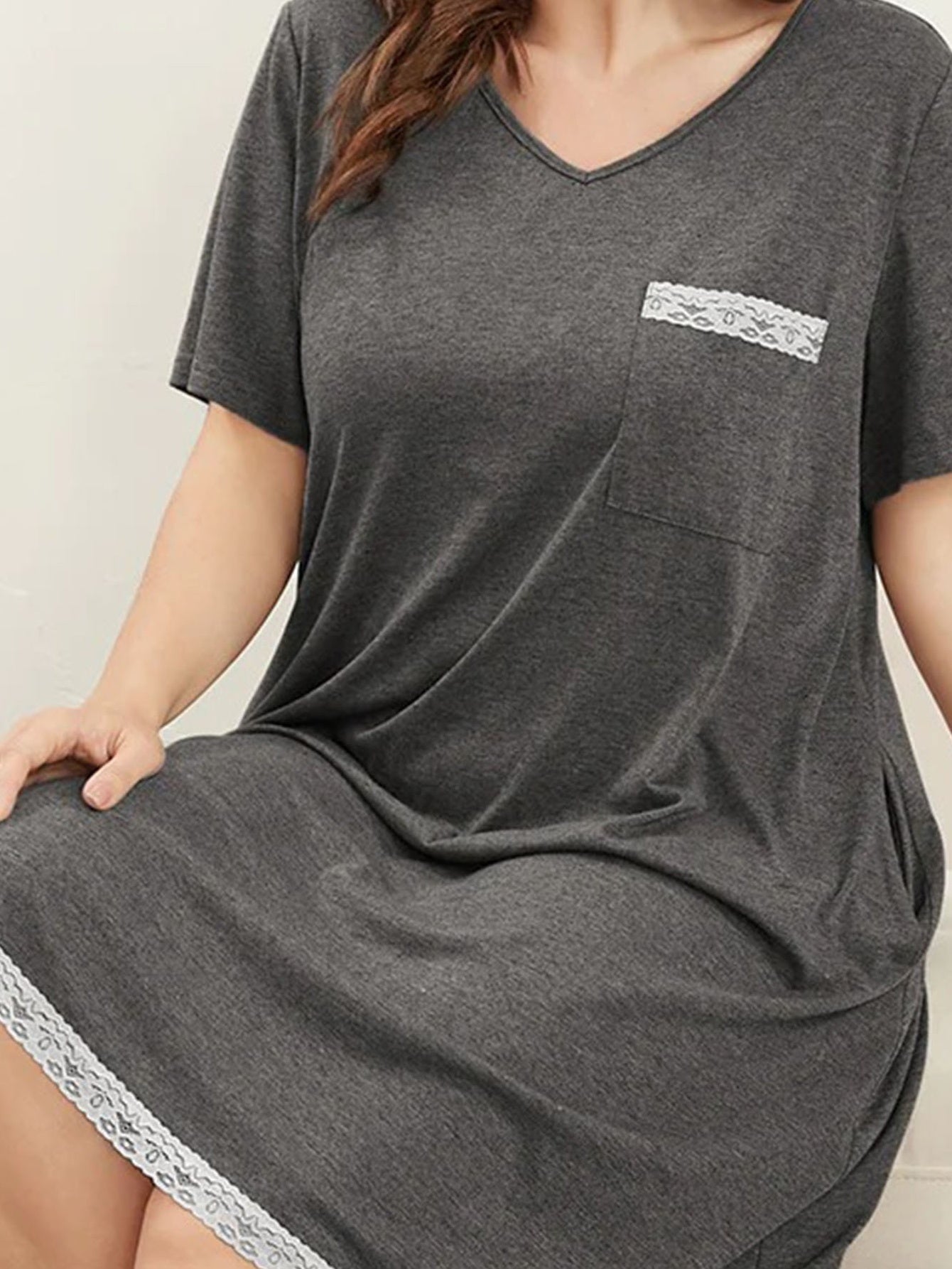  Lace Trim V Neck Short Sleeve Dress