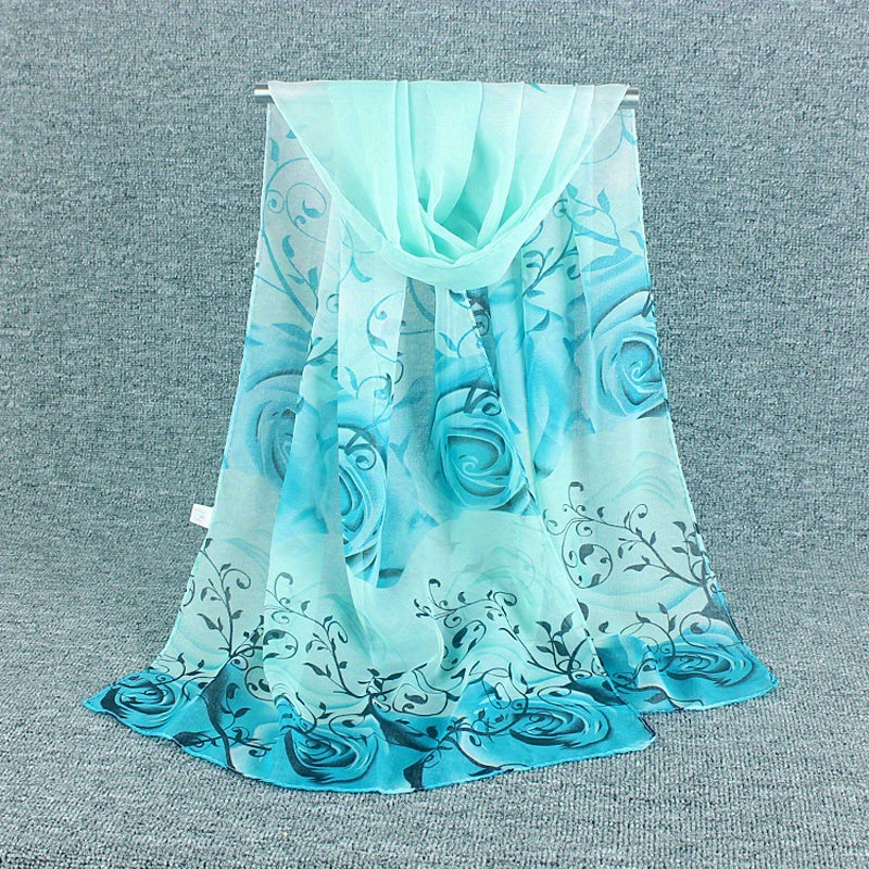 Silky Scarf Lightweight Sunscreen Shawl Rose Printed Wrap