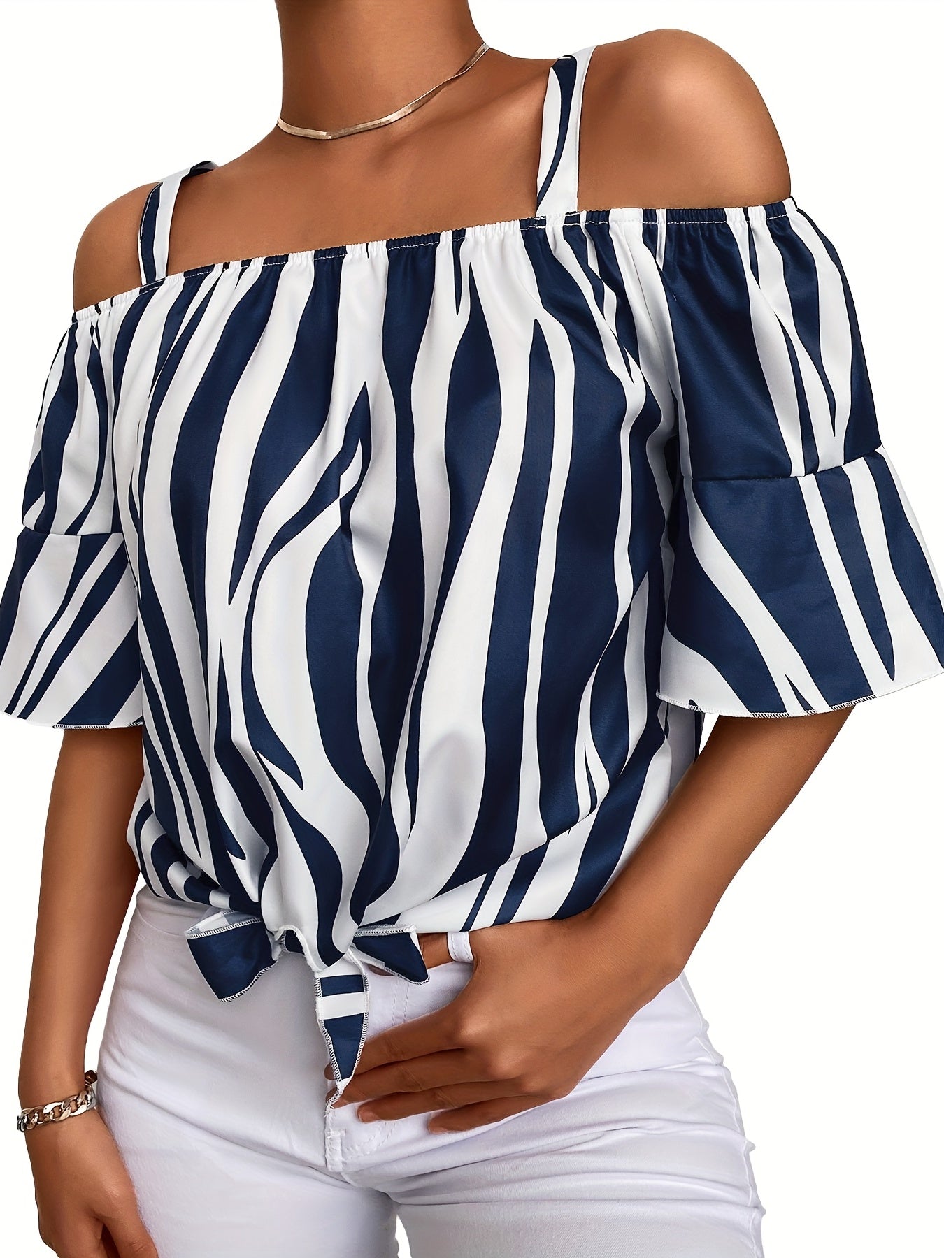  Stripe Print Ruffle Trim Cold Shoulder Knot Front Top