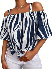  Stripe Print Ruffle Trim Cold Shoulder Knot Front Top
