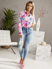  Floral Print Button Up Long Sleeve Blouse