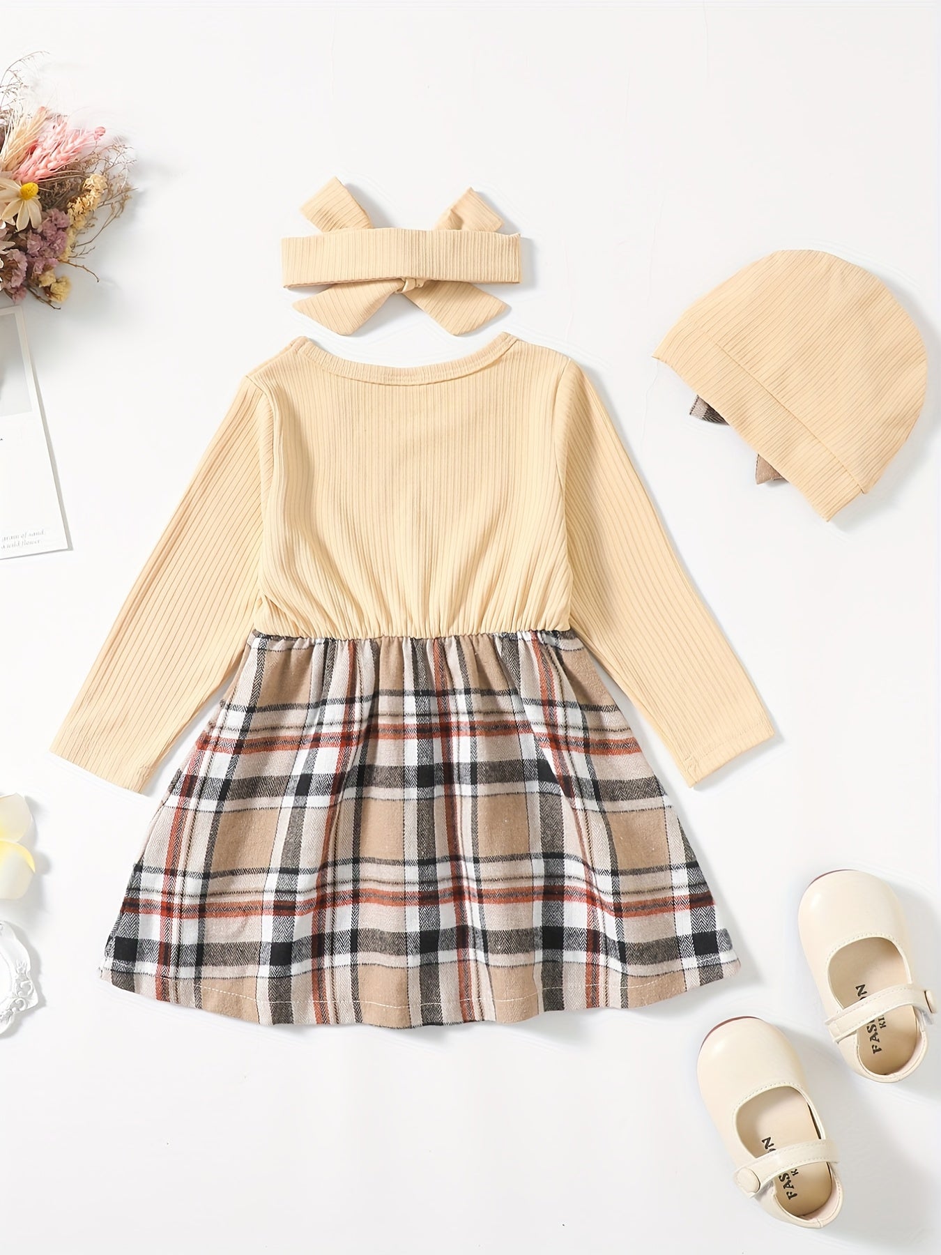 Baby Girls Plaid Bow Stitching Long Sleeve Dress