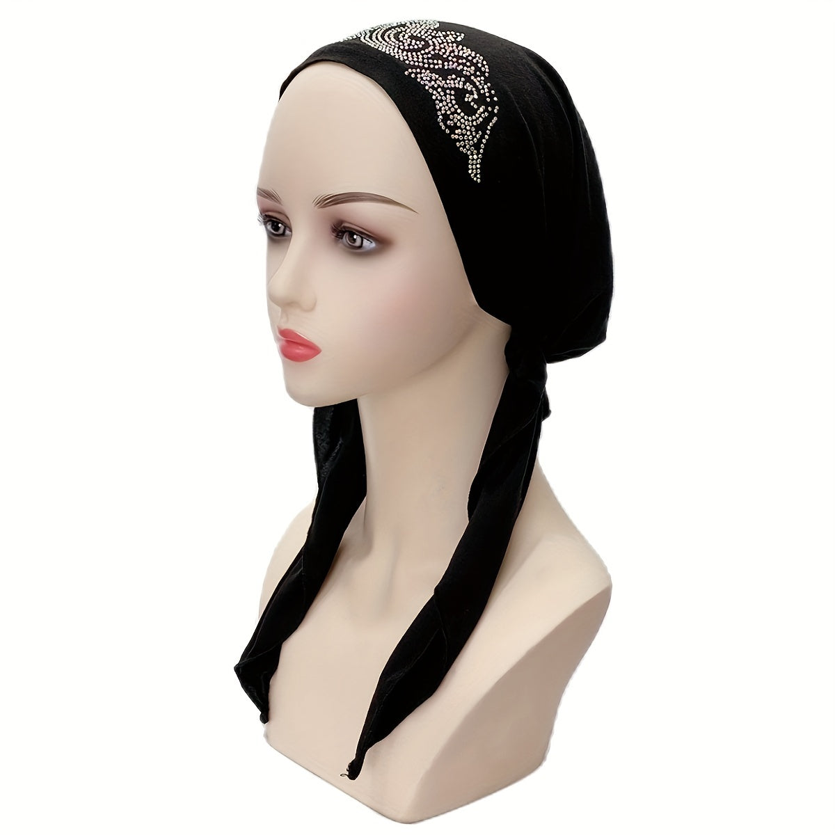 Rhinestone Decor Head Wraps Solid Turban Cap Elastic Chemo Cap