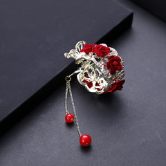Chinese Style Rose Hair Clip Alloy Hairpin Decorated With Rhinestones Tassel