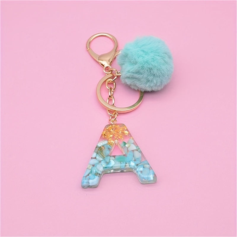 Plush Ball & Plastic Letter Keychain for Women & Girls