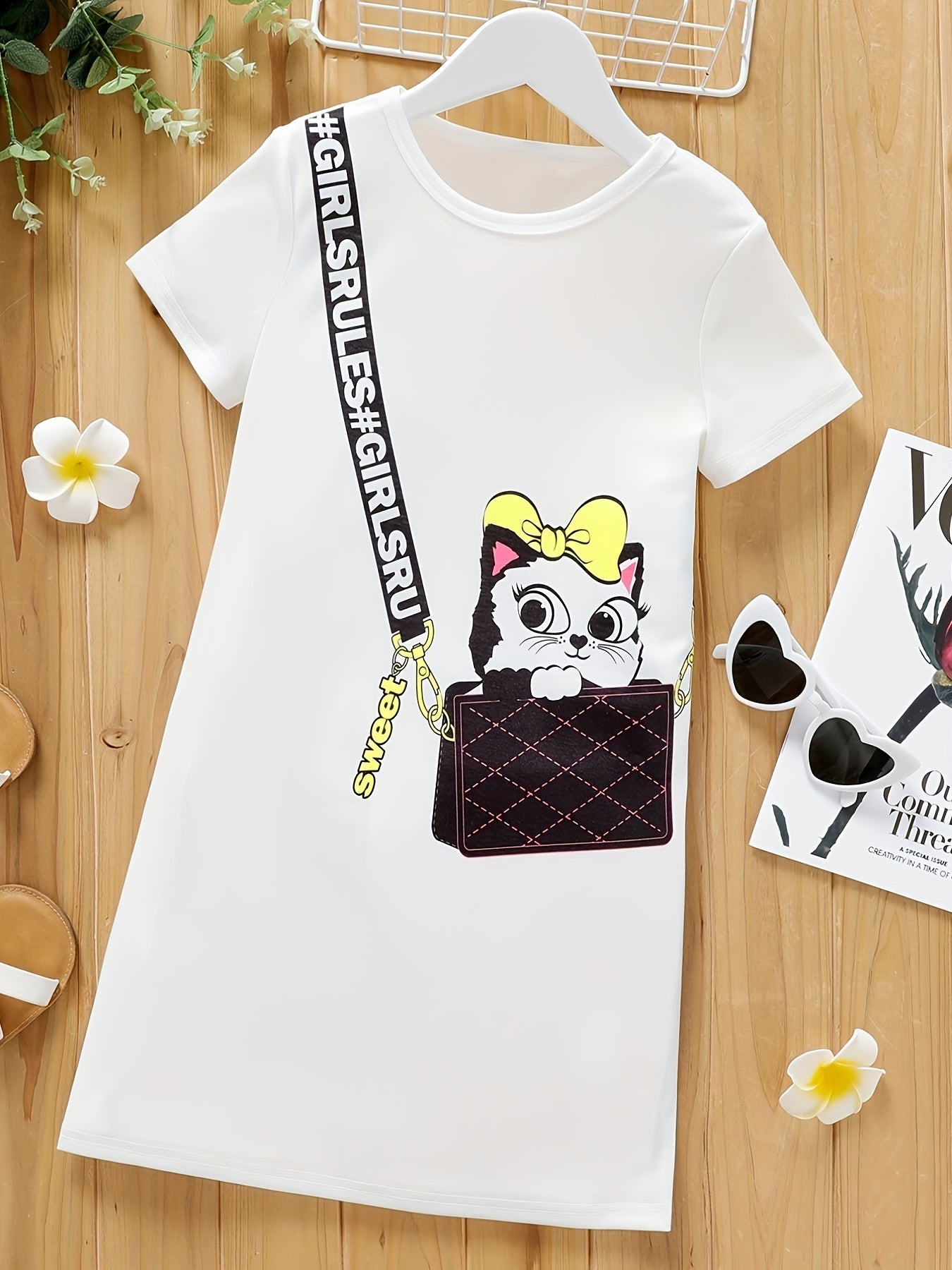 Girls Casual Kitten Graphic Dress for Summer Holiday Party Kids Clothes